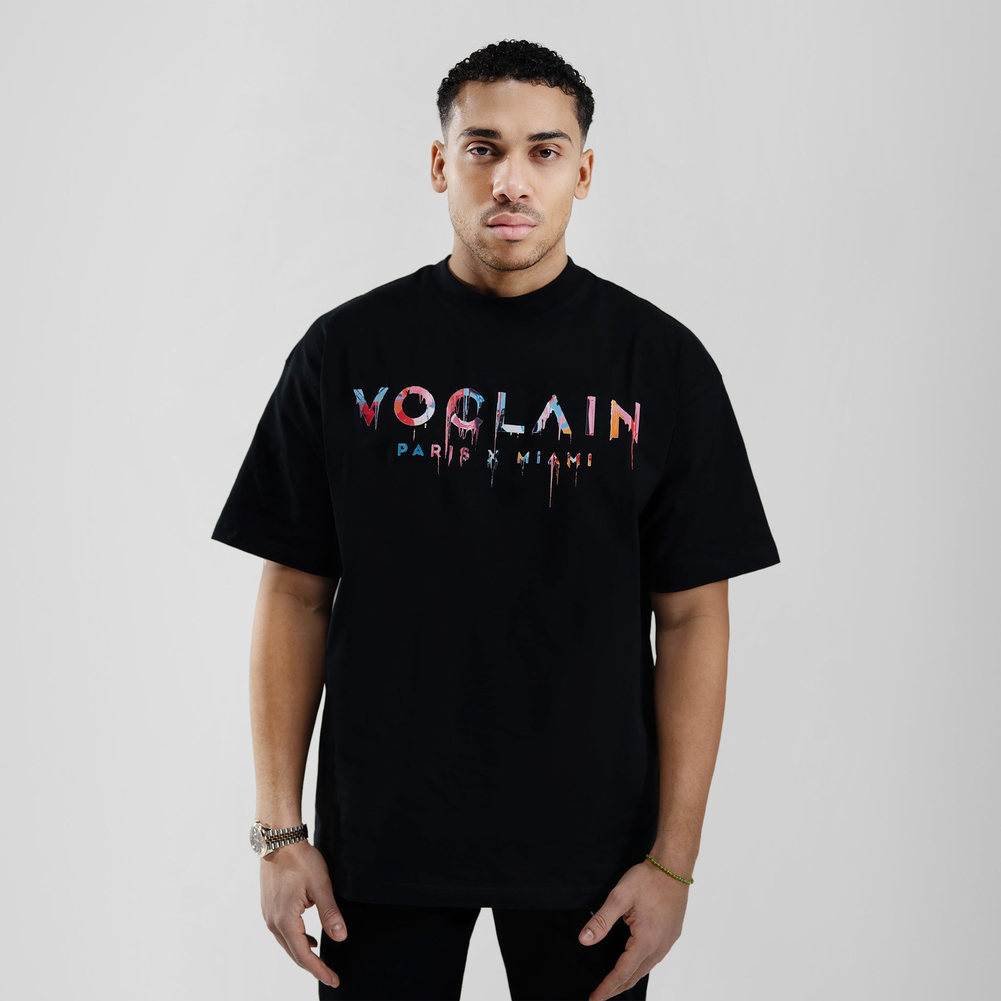 Model with Voclain T-Shirt Black Graffiti Drip